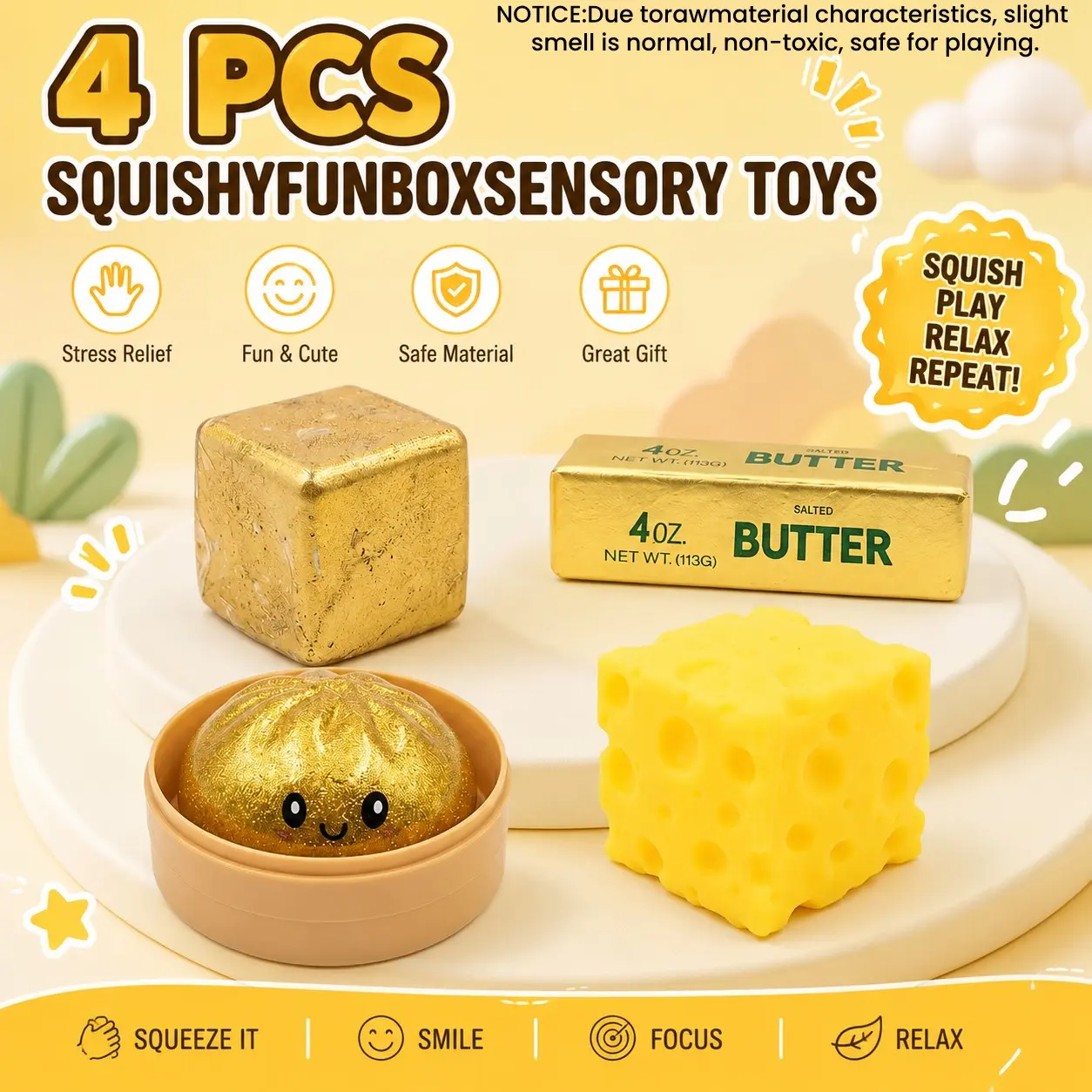 4-Pack Soft Squishy Toys, Mixed Slow & Fast Rebound Silicone Toys, Assorted Styles, Perfect Gifts for Kids' Day, Father's Day, Teacher's Day, Birthdays & Parties