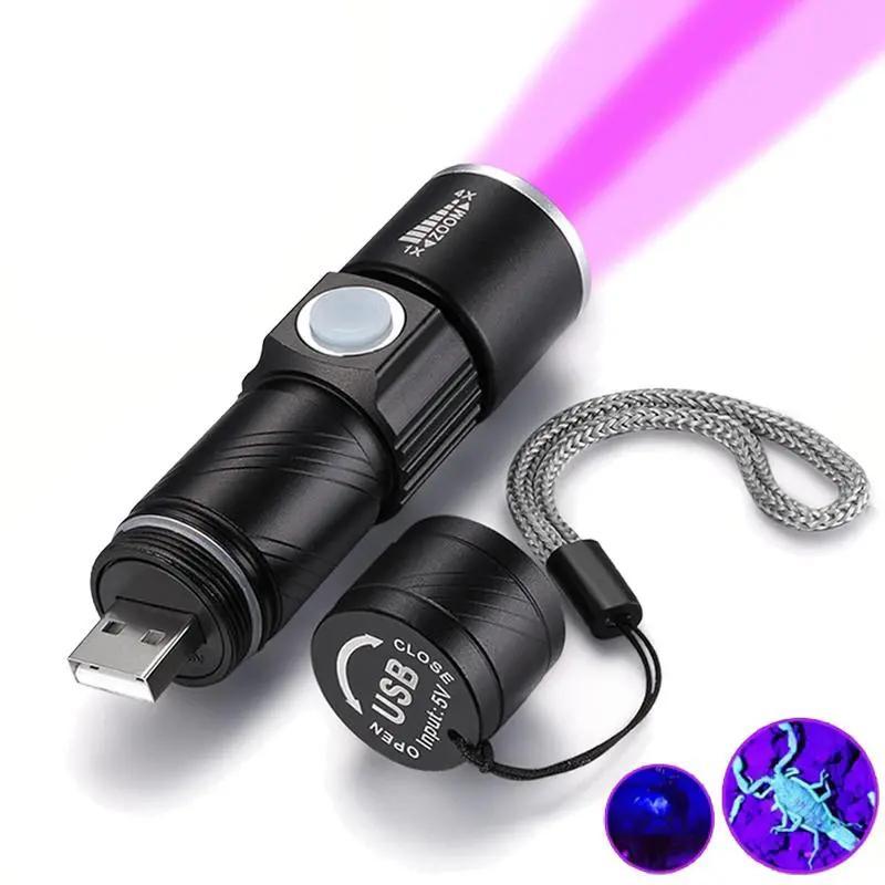 UV 395nm Flashlight, USB Rechargeable Zoomable Ultraviolet Lamp, Portable UV Detection Lamp For Pet Cat Urine & Moss Testing