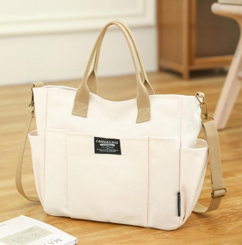 2026 Trendy Preppy College Canvas Tote - Solid Color Multi-Pocket | Secure Zipper Large Capacity | Convertible Shoulder/Crossbody | Fall Outfits & Thoughtful Gift Must-Have