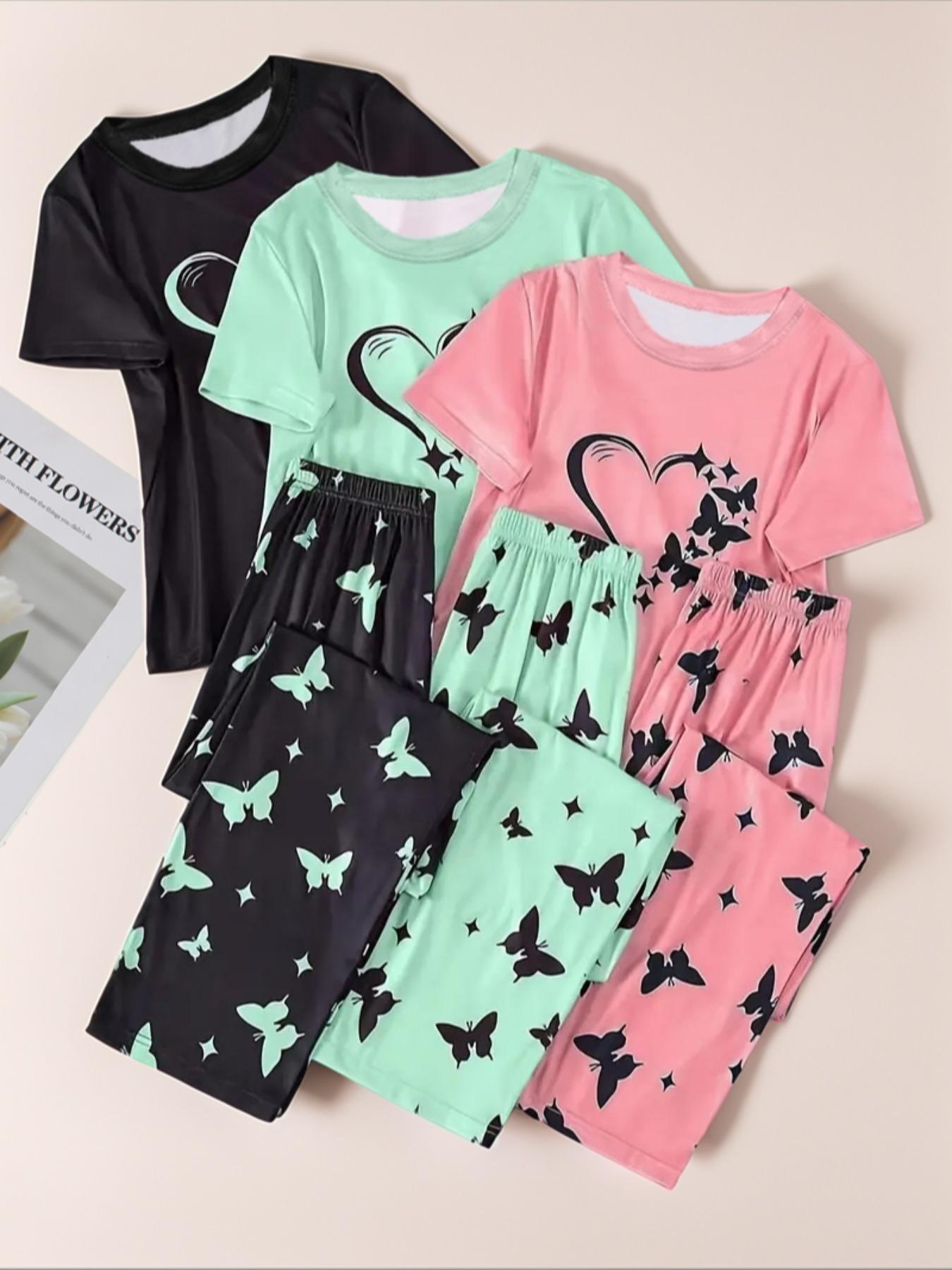 6 Counts Women's Heart & Butterfly Print Pyjama Set, Short Sleeve Tee & Elastic Waist Pants Loungewear Set, Women Cute Nightwear, All Seasons Nightwear, PJ Sets for Women, Casual Sleepwear Loungewear, Love Print Sleepwear, Summer Outfits 2024
