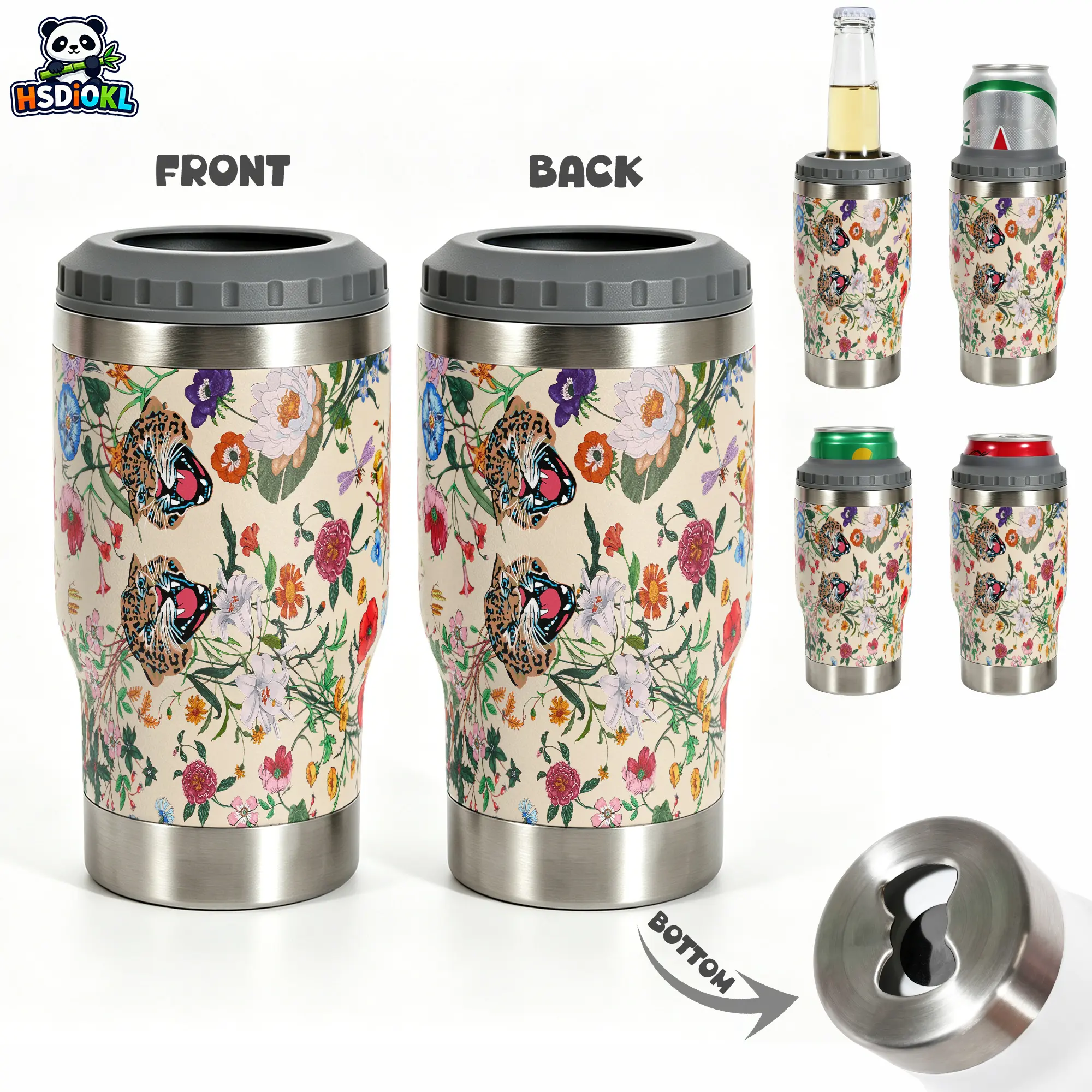 1 pc, 2-in-1 Vacuum Insulated Can Cooler with Bottle Opener, Stainless Steel Beer Can Insulator, Multi-functional Drink Holder for BBQ, Beach, Camping, Tailgate, Road Trip, Ideal Beer Gifts & Gadgets for Men, Leopard & Floral Pattern for Wildlife &