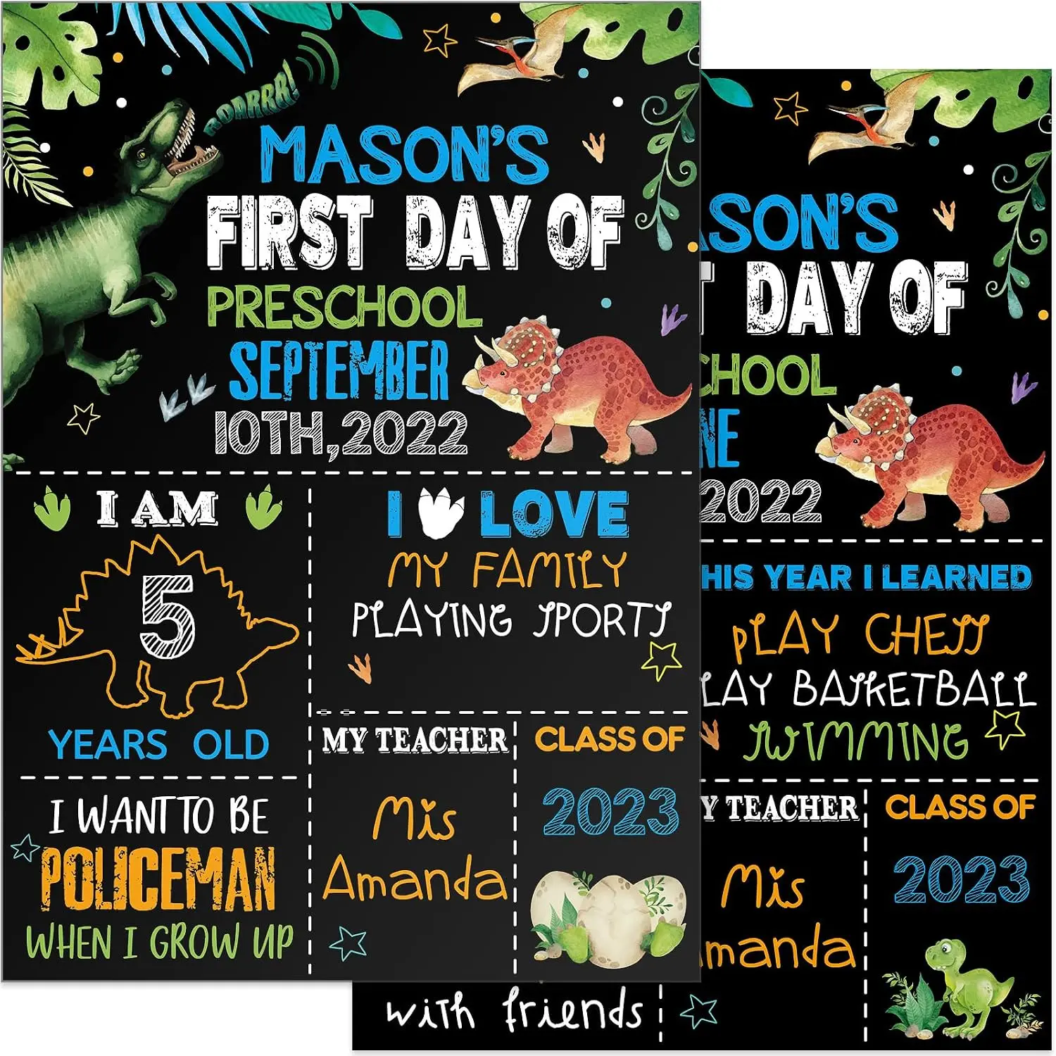 First and Last Day of School Sign Board 13.8 x 9.8 Inch Double Sided Dinosaur Chalkboard  1st Day of School Board Dinosaur  to School Photo Prop Supplies for