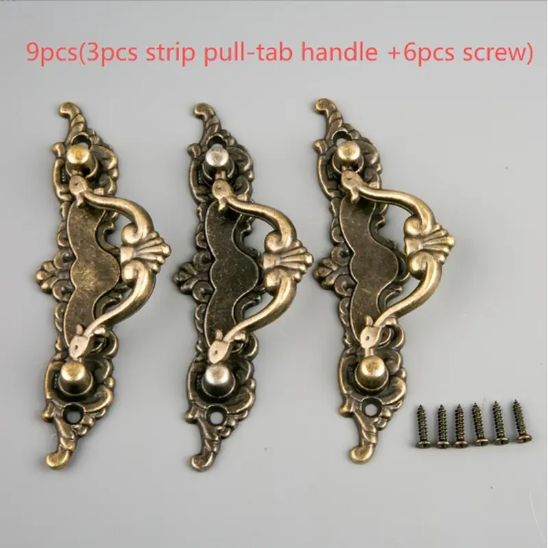 9pcs(3pcs strip pull-tab handle +6pcs screw), European carved back handle bronze double-hole handle American country solid wood chest of drawers door medieval decorative handle.