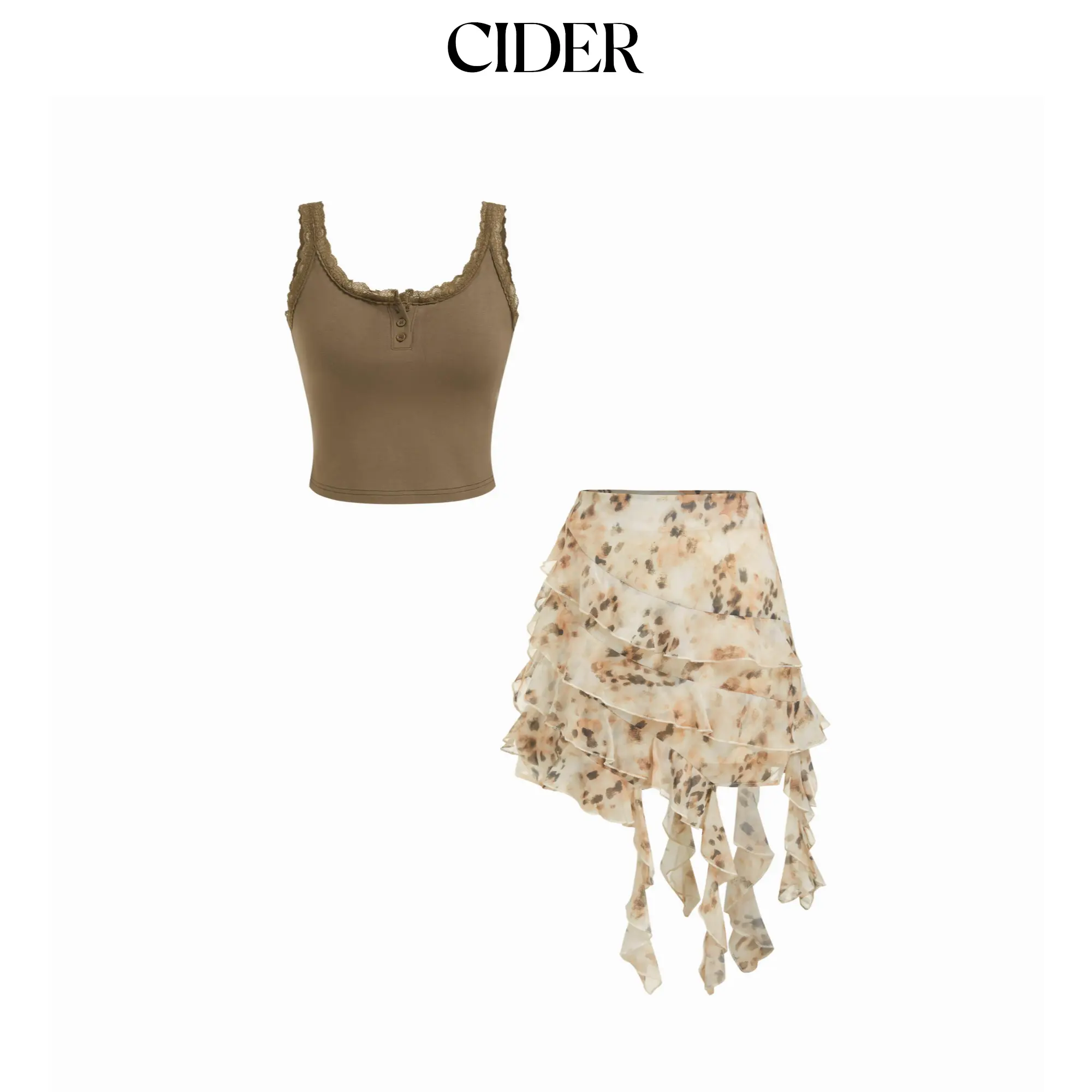 Cider Chiffon Square Neck Lace Trim Crop Cami Top & Low Rise Leopard Ruffle Hem Mini Skirt Set