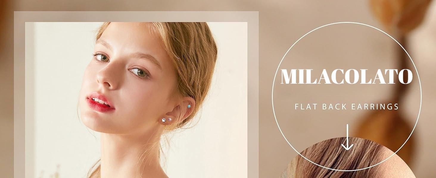 MILACOLATO Hypoallergenic Flat Back Earrings for Women Small Surgical Steel Nap Sleeper Earrings Cute Opal Turquoise Moonstone Earrings Cartilage Helix Tragus Piercing Silver Studs Earrings 20G