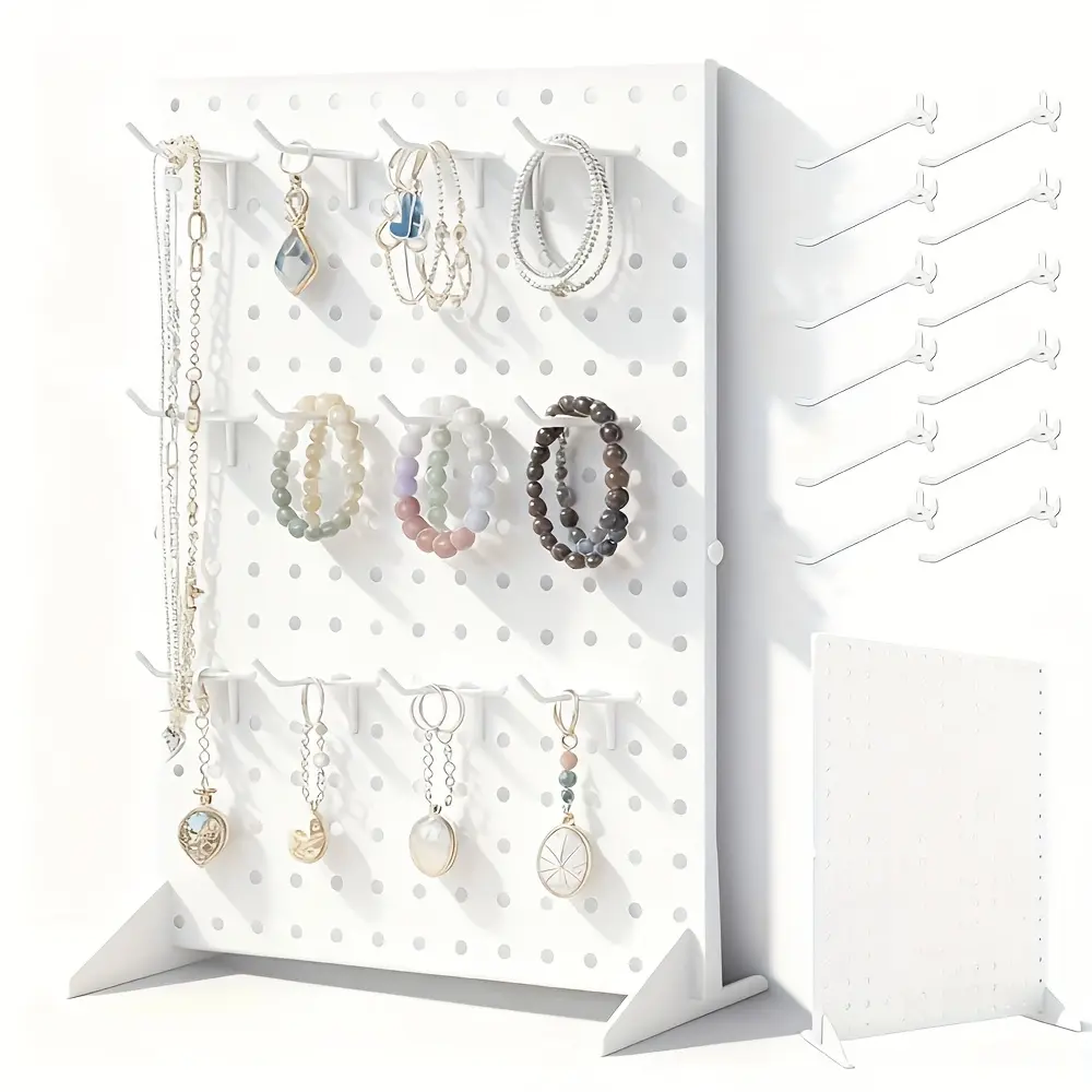 1pc Standing Pegboard Jewelry Display with 12pcs Removable Peg Hooks and Accessory Organizer Holder Countertop Display, Hole Board Display Rack, Perfect for Jewelry and Other Small Accessories, Black White Color for Choose, Jewelry Towers