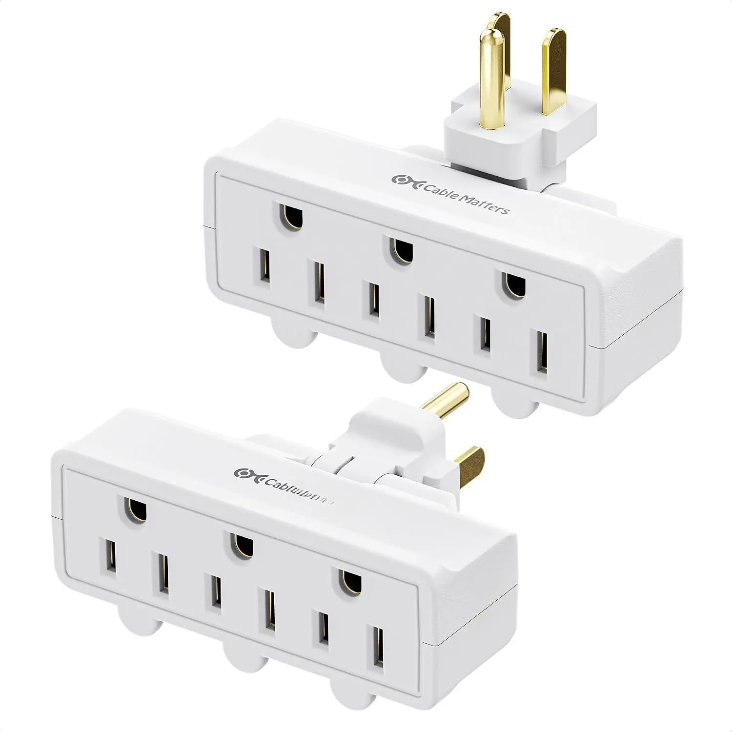 [ETL Listed] 2-Pack Compact 3-Outlet Grounded 180-Swivel Wall Tap, 15A/1875W Multi-Outlet Indoor Wall Adapter for Office Users, White