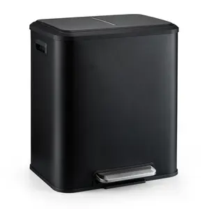 Dual Compartment Stainless Steel Trash Can with Soft-Close Foot Pedal – 30L (2 x 15L) Capacity – Removable Buckets – Commercial Recycling Bin for Kitchen, Office, Public Areas – Black or White
