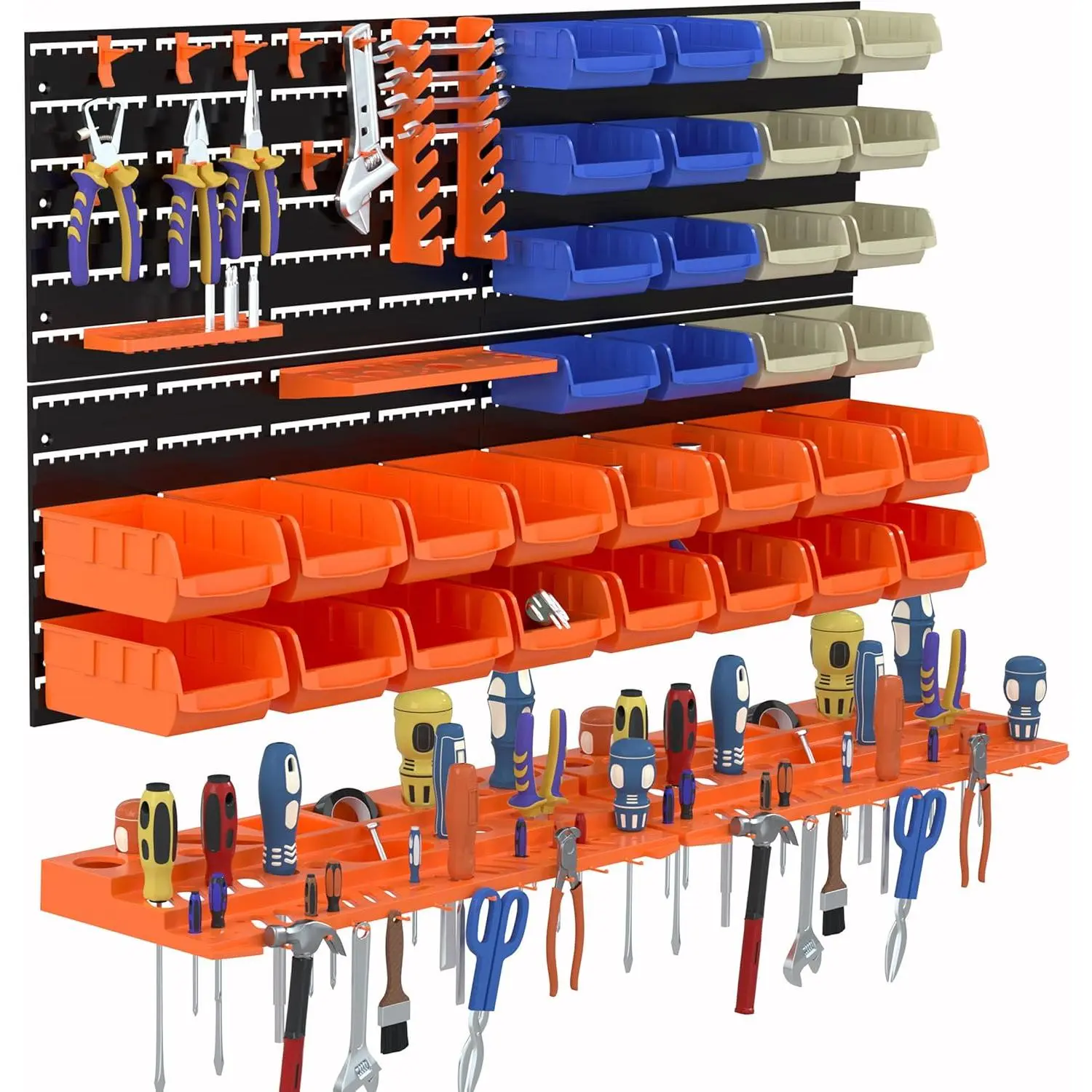 Wall Mounted Storage Bins Set (52 Bins + 4 Wall Mounting Peg Boards + Hooks) - Stackable Garage Workshop Tool Organizer with Easy-Access Compartments for Hardware, Office Supplies, Peg Board, Stackable Storage Bins