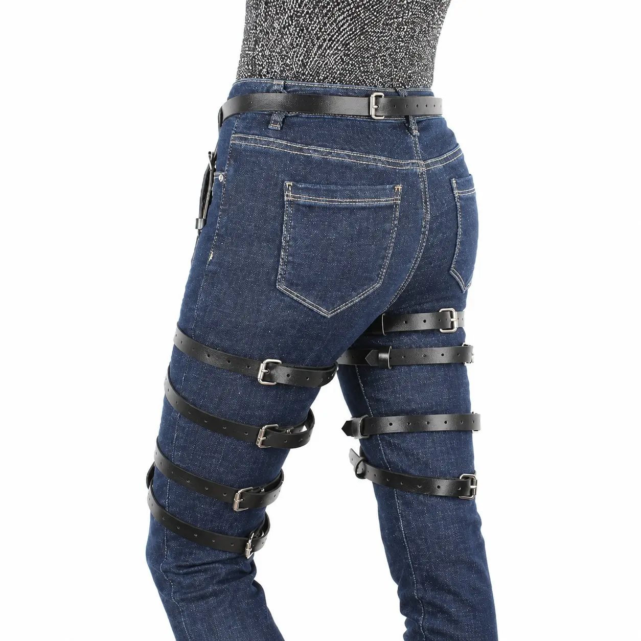 Imitation Leather Multi-Band Thigh Garter Belt, Adjustable Waist and Thigh Buckle Design, Gothic Punk Cosplay Accessory