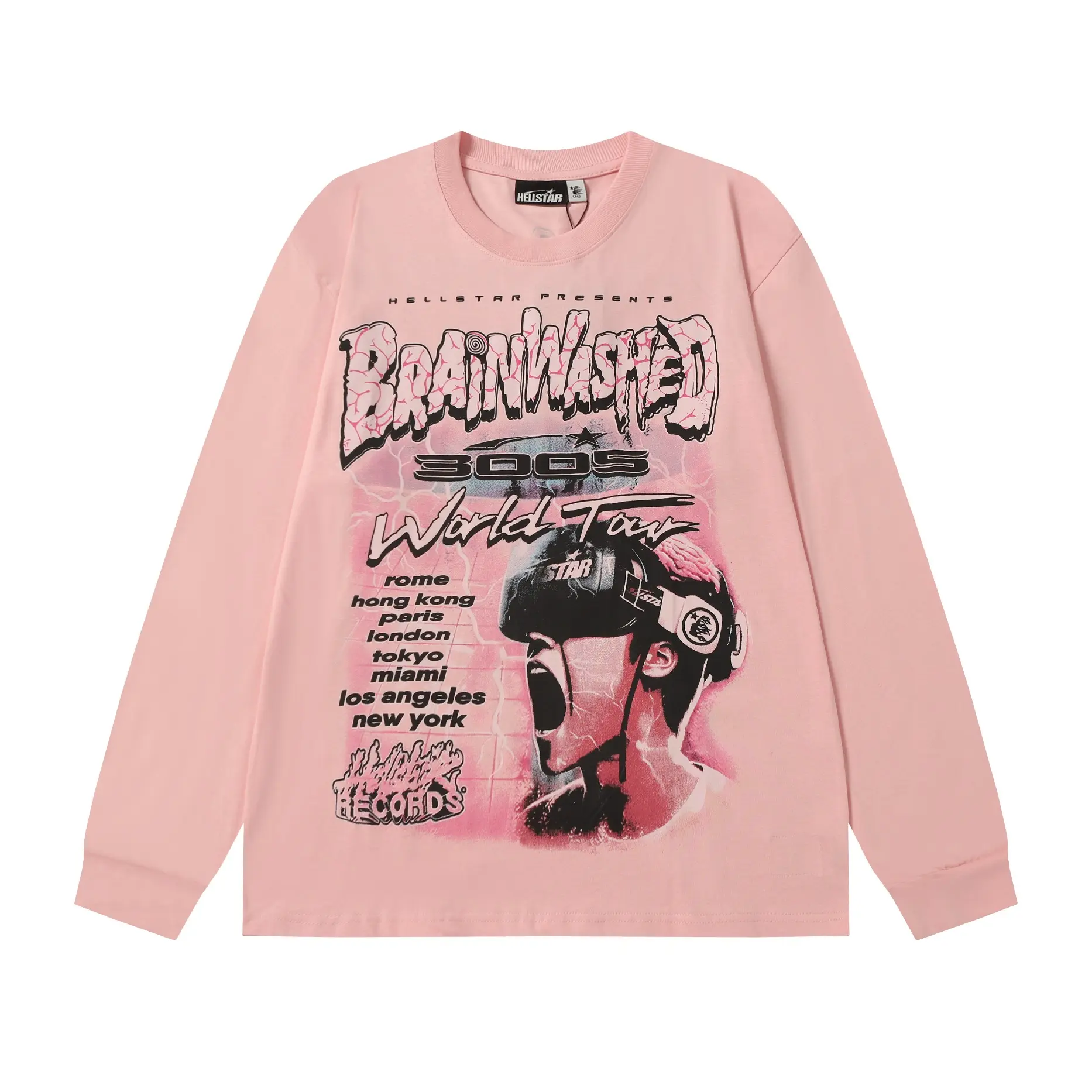 Hellstar Vintage Graphic Long Sleeve T Shirt Men Oversized Streetwear Pink Tee Heavy Cotton Washed Retro Y2K Fashion Double Side Print Shirt Casual Urban Style Top Unisex Hip Hop Clothing