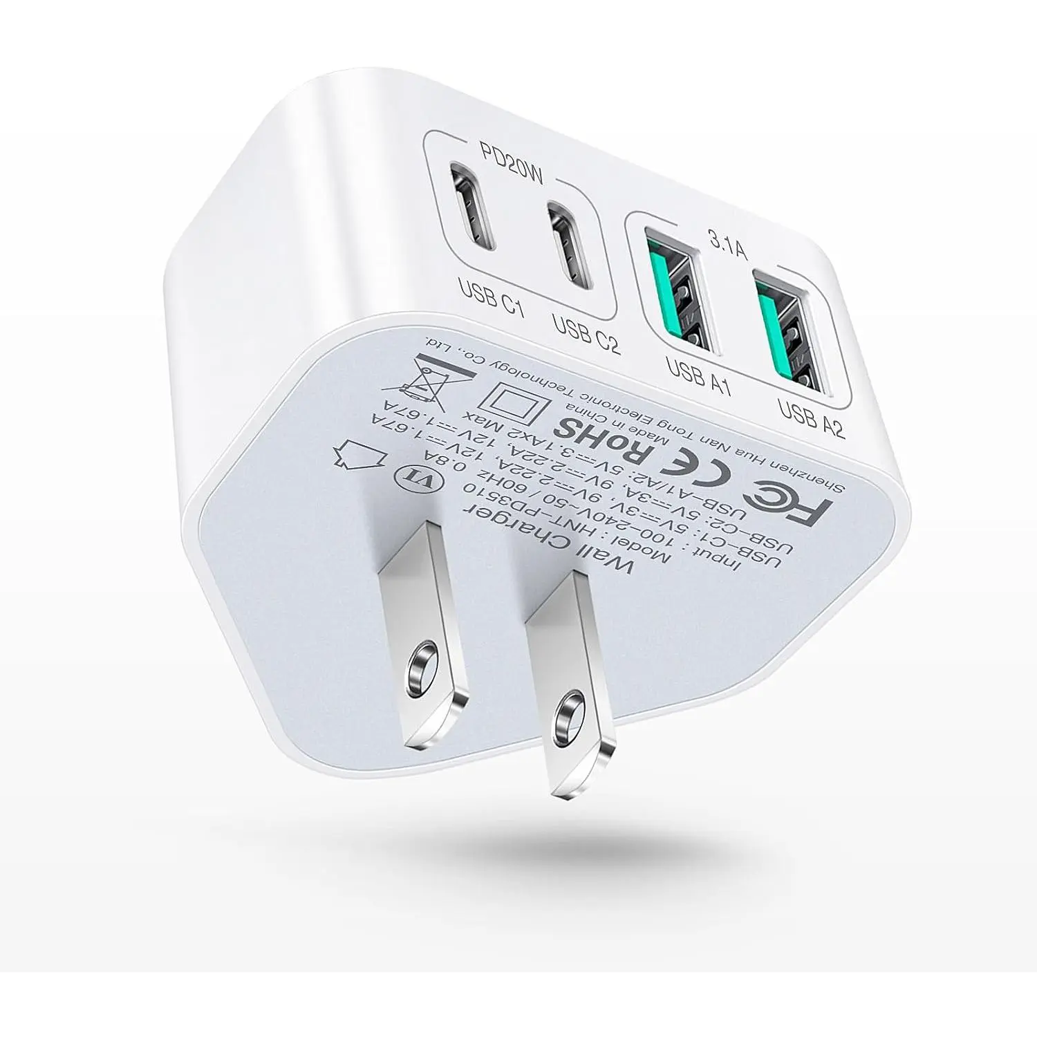 40W USB C Charger Block, 4-Port Flat Wall Charger   Block[USB A & USB C]Multiport C Plug Type C Power Adapter Brick compatible with  16/15/14/13/12 Pro Max/XS/XR,iPad,,Tablet