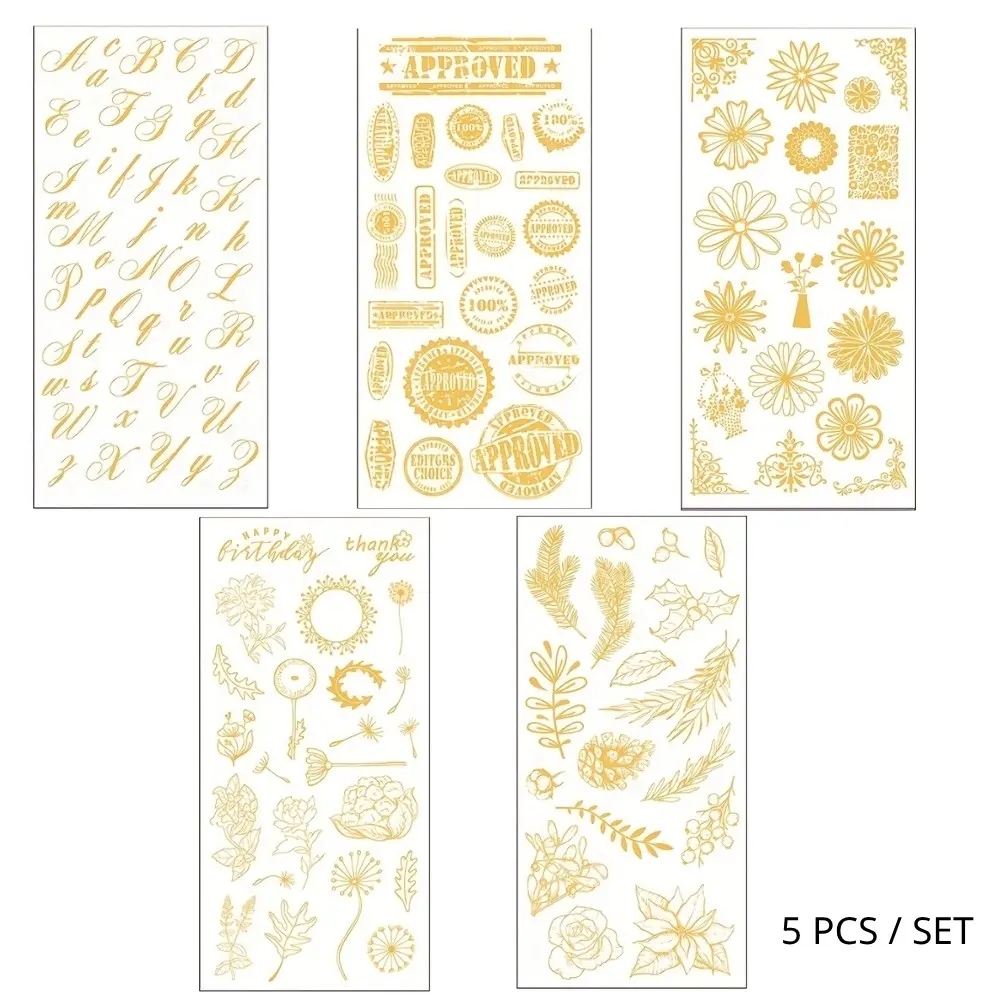 ✨ 5Pcs Metallic Gold Vintage Journaling Stickers Set, Elegant Alphabet Letter Stickers & Floral Aesthetic Foil Scrapbooking Decals, Premium DIY Craft Material Paper Stickers for Bullet Journal, Diary Planner & Gift Decor Art Supplies 🎨