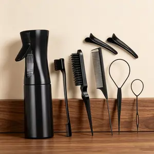 8-Piece Hair Styling Set with 200ML Spray Bottle, Steel Needle Tail Comb, Nylon Brush, Edge Control Comb, 2 Ponytail Tools, 2 Duckbill Clips