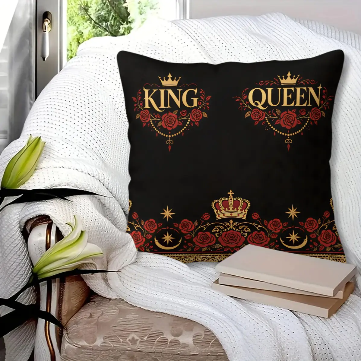 45x45cm  “KING & QUEEN” vintage script gold lettering, gem-encrusted crown, rose, and thorn vine print throw pillow; machine washable, soft and fluffy; suitable for living rooms, bedrooms, and hotel decor; perfect for all seasons (includes pillow insert)