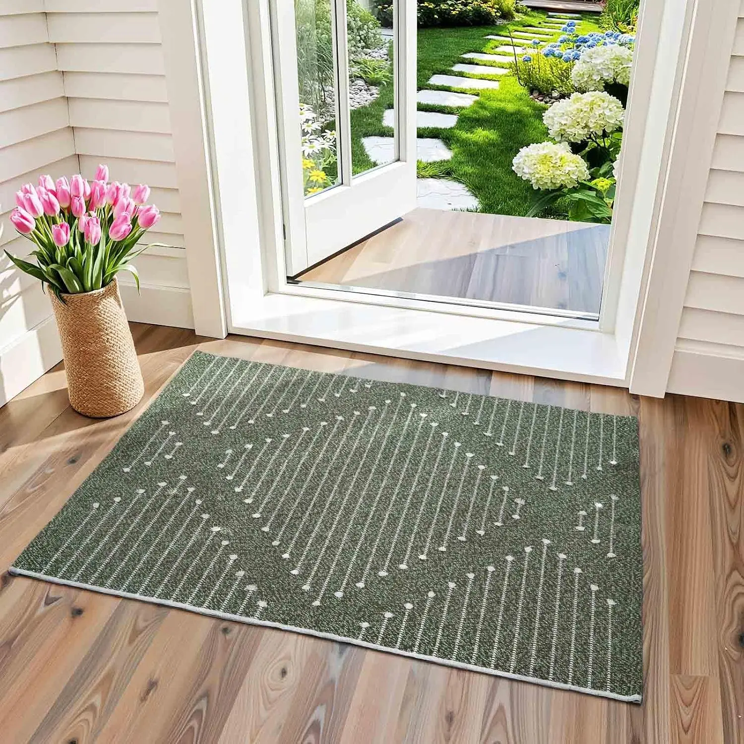 Green Front Door Mat, Washable Kitchen Rug  Woven Doormat,Small Area Rug for Entryway,Porch (Dark Green & White, 2.3X 3.6)