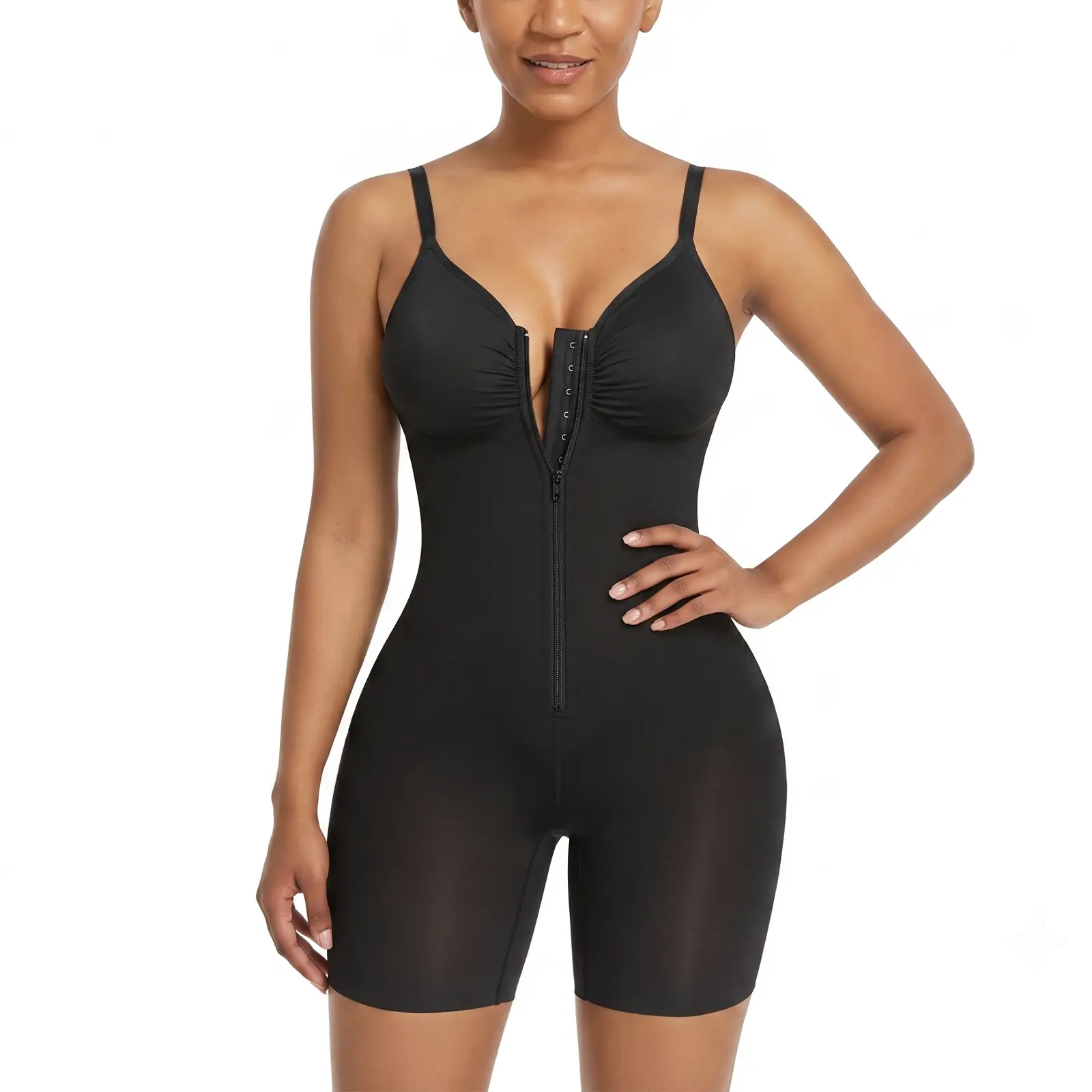 Seamless Sculpting Shapewear Bodysuit for Tummy Control, Casual Waist Defining Faja with Adjustable Straps and Zipper, Basic