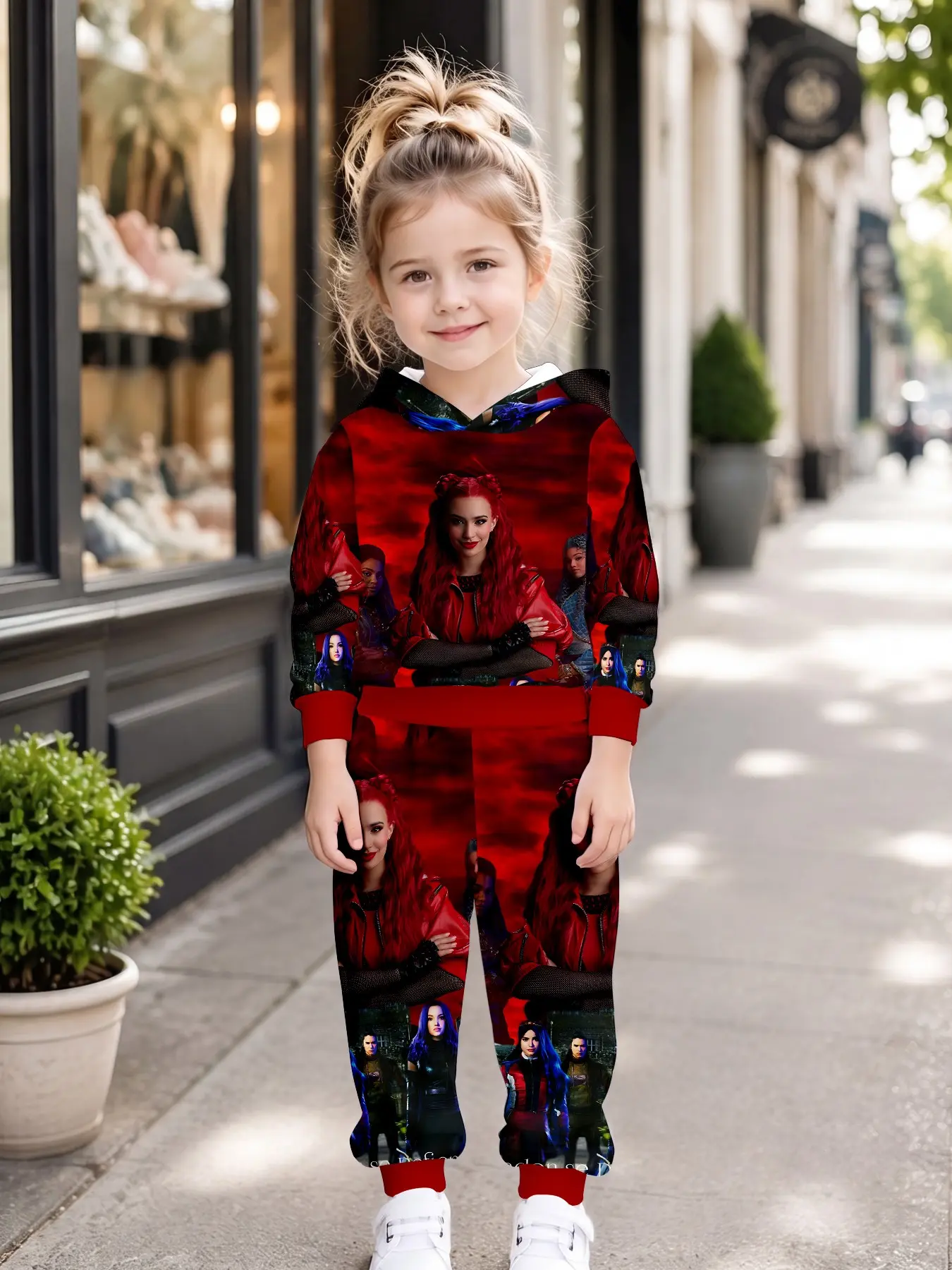 Unisex Kids Two-Piece Sports Set, Soft Loose Fit Full Print Blue Hair Color Girl Portrait Hooded Drawstring Pants, Spring & Fall