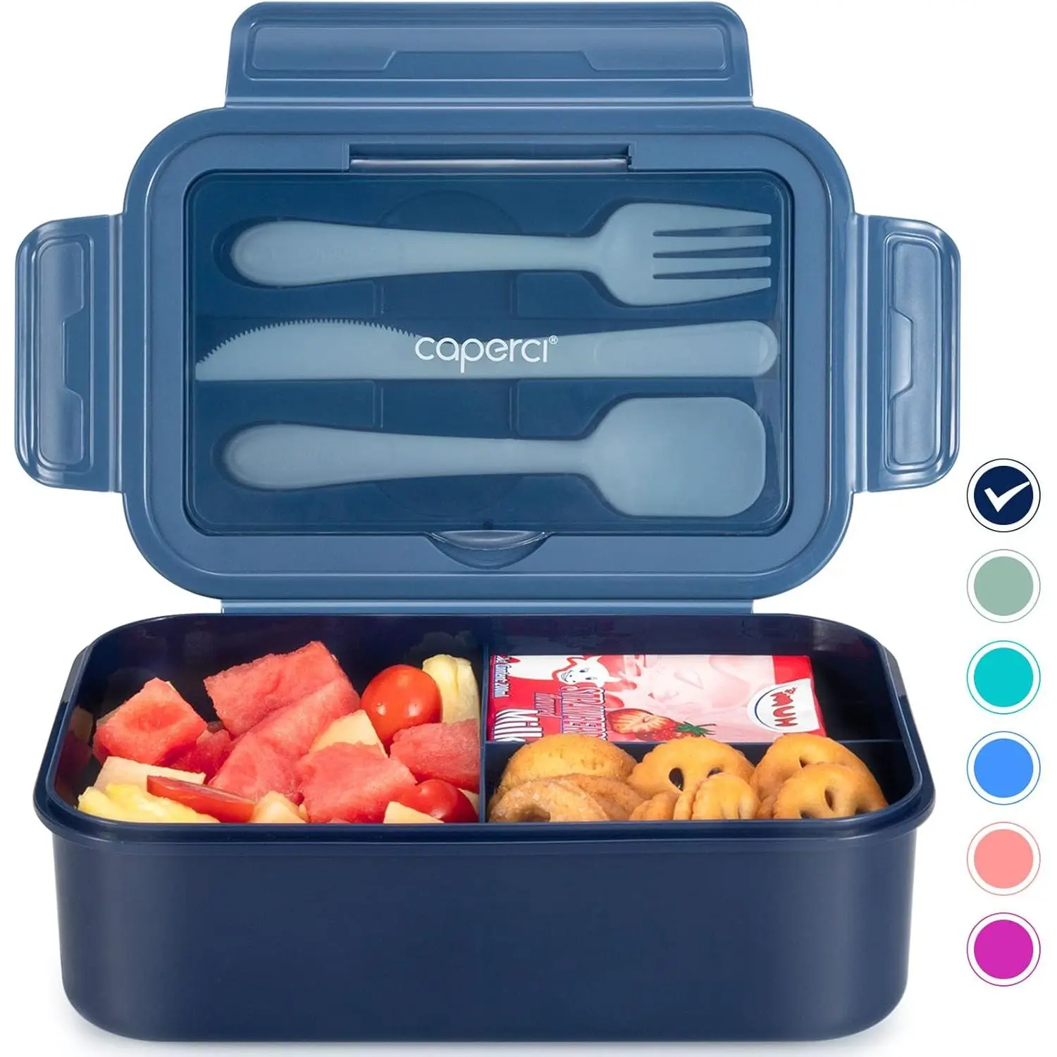 Classic Bento Box for Adults with Bento Box Packing, 47oz 3-Compartment ABS+Silicone Leakproof Container, Built-in Utensil Set, Ideal for On-the-Go Balanced Eating, Navy Blue