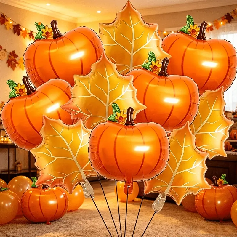 10-Piece Autumn Pumpkin Maple Leaf Foil Balloon Set, Orange Autumn Harvest Polyester Film Balloons, Thanksgiving, Halloween Shower, Birthday Party Decorations, Farmhouse Autumn Photo Background Decorations