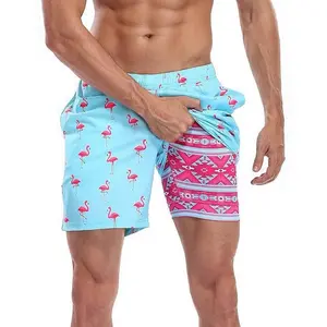 3D Digital Printed Men's Summer Double Beach Pants Shorts Swim Trunks with Compression Lining Quick-Drying Swim Trunks