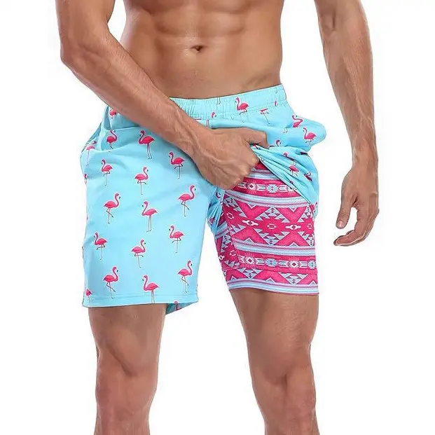 Men's printed swimming trunks, two-in-one quick-drying surfing shorts with compression lining and pockets, comfortable beach shorts, suitable for summer vacations and beach swimming