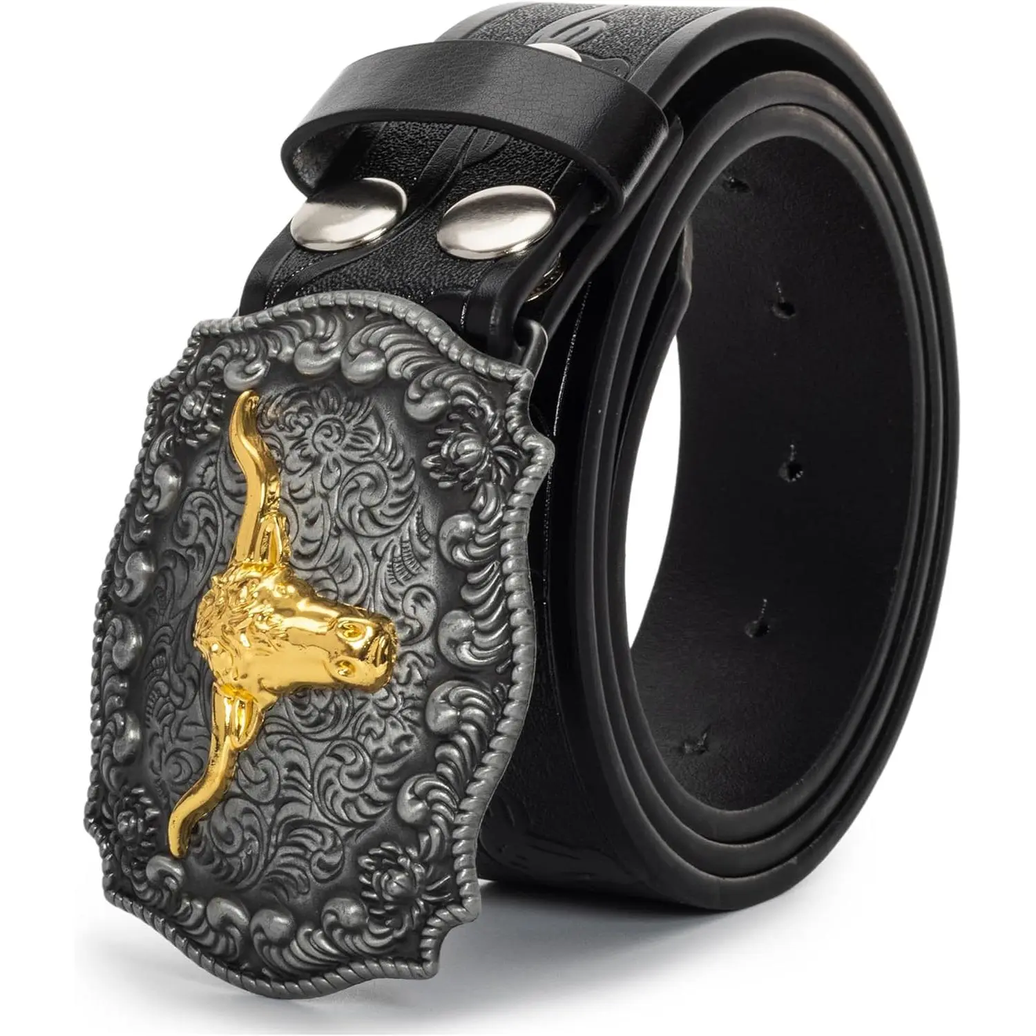 Baby Cowboy Cowgirl PU Leather Belt - Big Buckle, Longhorn Bull Engraved, Floral Design, 25-38" Waist New Model (Baby Costume Accessory), Waist 25-38"