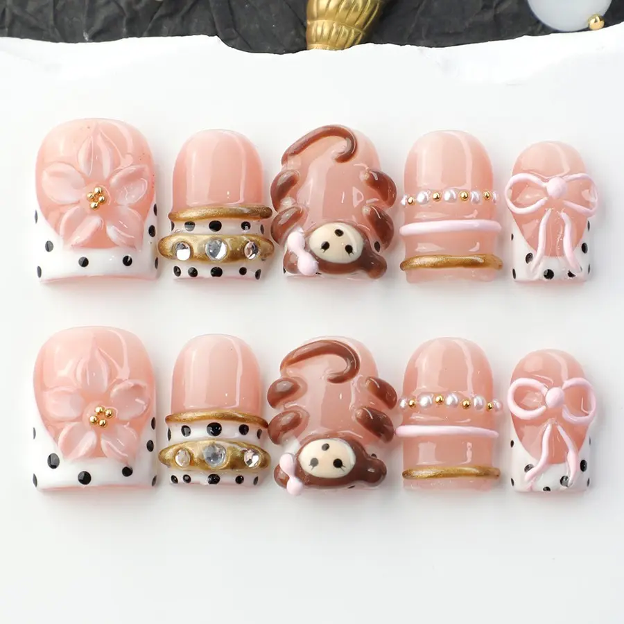 10pcs Handmade Press-On Nails, French 3D Glitter Cartoon Decorative Nail Tips, Y2K Style, Reusable, Includes Manicure Kit, Perfect for Parties, Nail Pack
