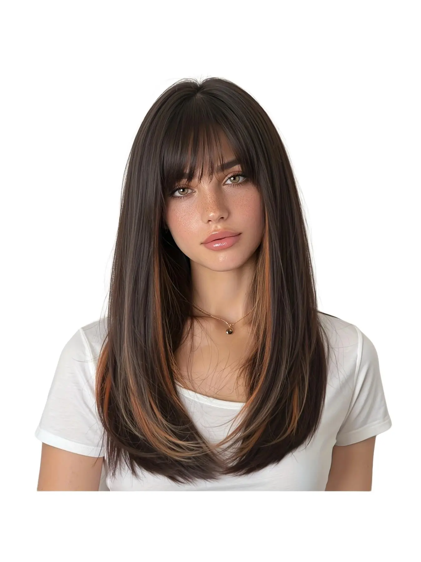 22 Inches Long Straight Black&Brown Wigs with Brown Highlight Synthetic Wigs Women'S Wigs for Daily Use Party or Cosplay Taking Photos