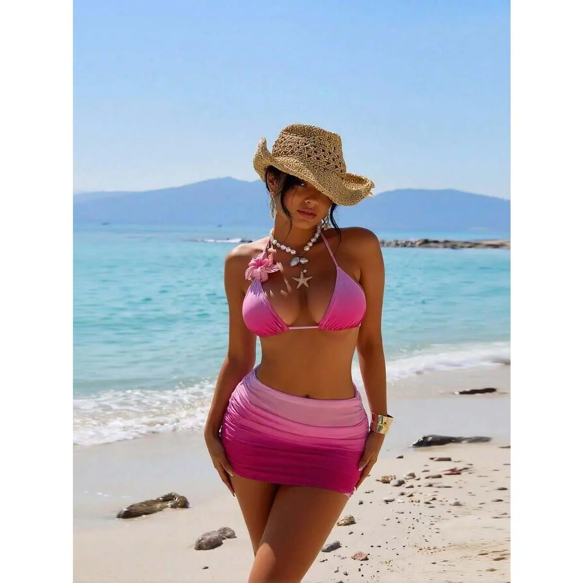 2026 New Women's Sexy Fashion Pink Gradient Halter Two-Piece Swimdress Three-Piece Set For Vacation & Leisure Swimwear