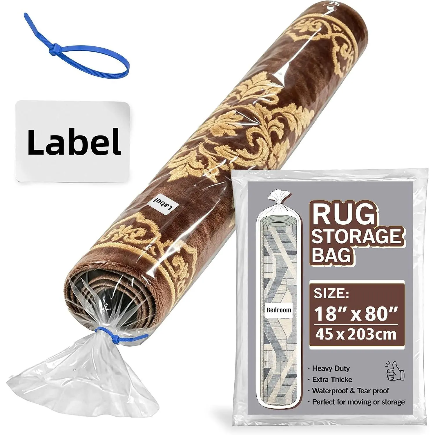 Heavy Duty Plastic Carpet Storage Bag, 80 x 18 Inch Rug Shipping Bag | Fits Rolled Rug Up to 5 x 7 Ft, Plastic Rug Wrap Bag for Moving, Packaging, Shipping and Storage, Middle Size