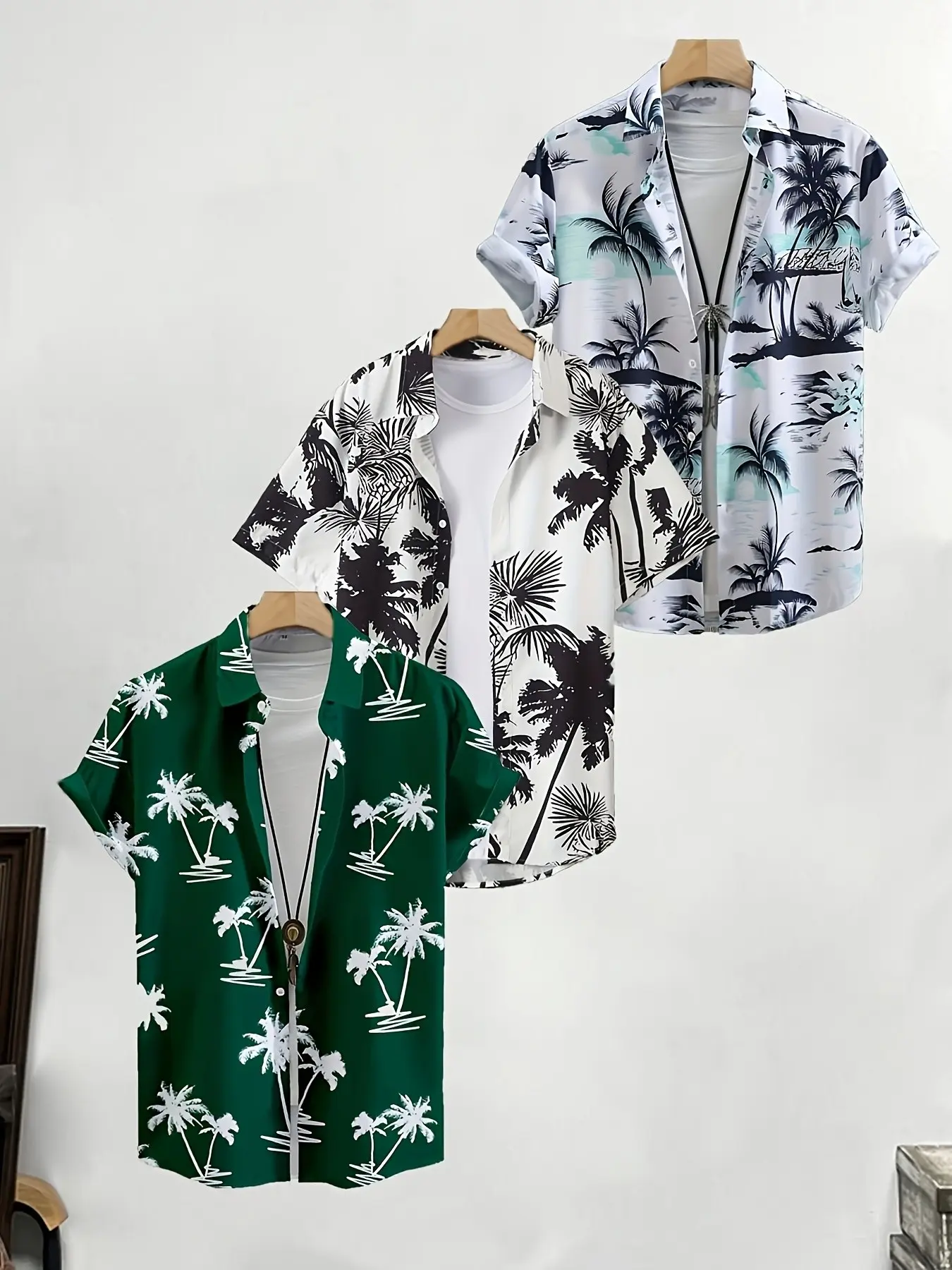 Three-Piece Summer Beach Men's Shirt Set, Coconut Tree Island Print, Turn-Down Collar Short Sleeve Open Front Shirts, Casual Style