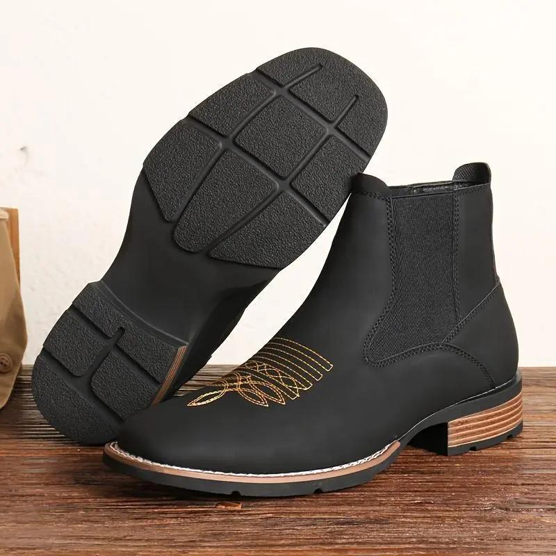 Men's Western Embroidered Chelsea Ankle Boots, Pull-On Elastic Gusset, Cowboy Style Casual Work Boots for American Men