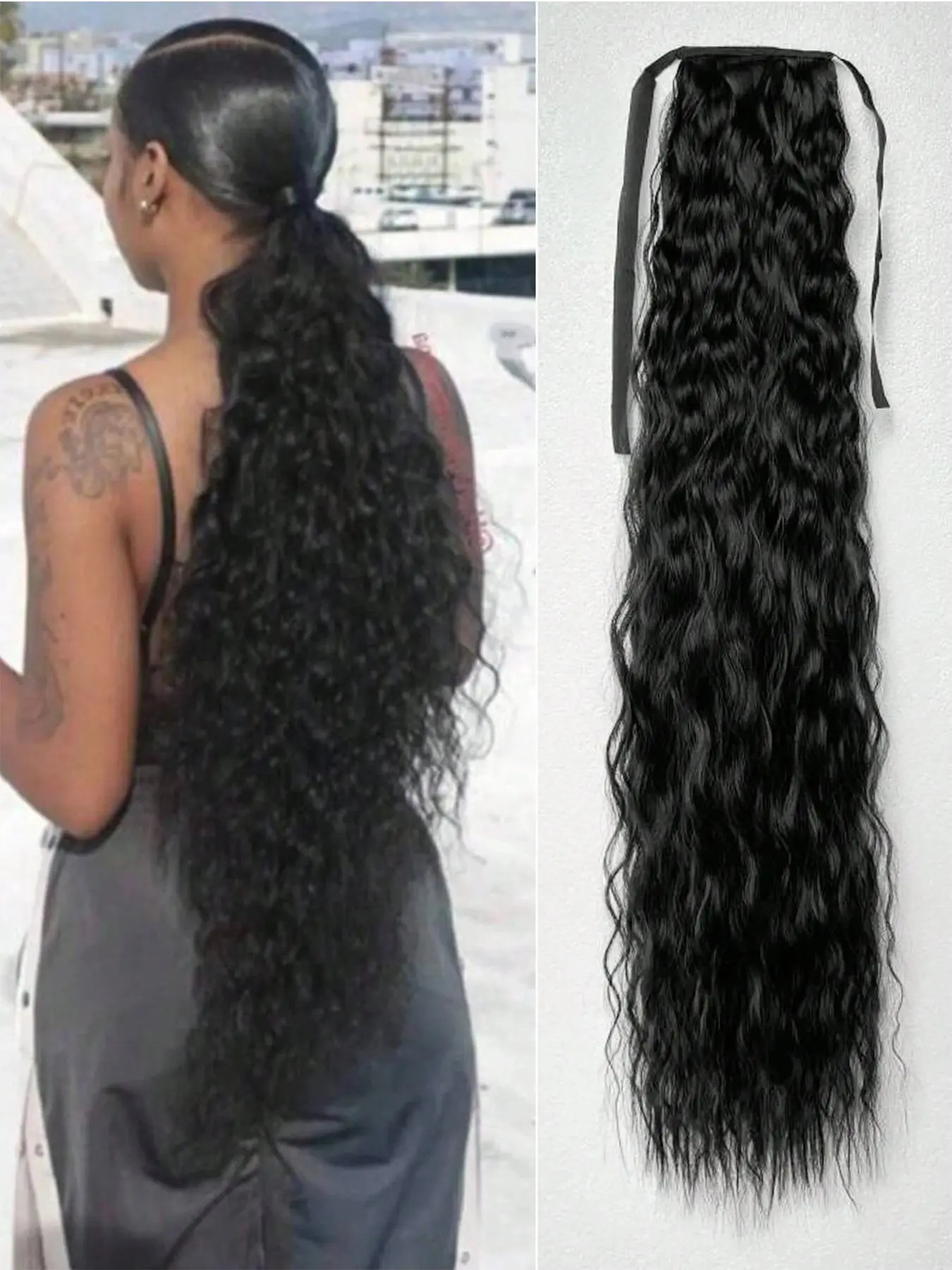 34 Inch Extra Long Curled Ponytail Wig, Synthetic Fiber Afro Curl Drawstring Ribbon Tail, High Temperature Fiber, Natural Look, Daily Party Use, Synthetic Hair Extensions, Curly Ponytails