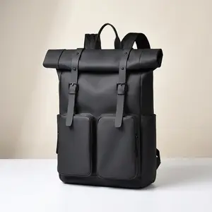 Solid Color Roll Top Backpack, Unisex Street Style Commuter Bag, Expandable 20-35L with 15-Inch Laptop Compartment