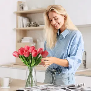 Real Touch Artificial Tulips in Glass Vase with Faux Water – Set of 2 Vases, 10 Lifelike Silk Stems Each, Elegant Pre-Arranged Centerpiece for Home, Kitchen, Wedding & Party Decor – Perfect Gift for Mother's Day, Easter & Valentine's Day