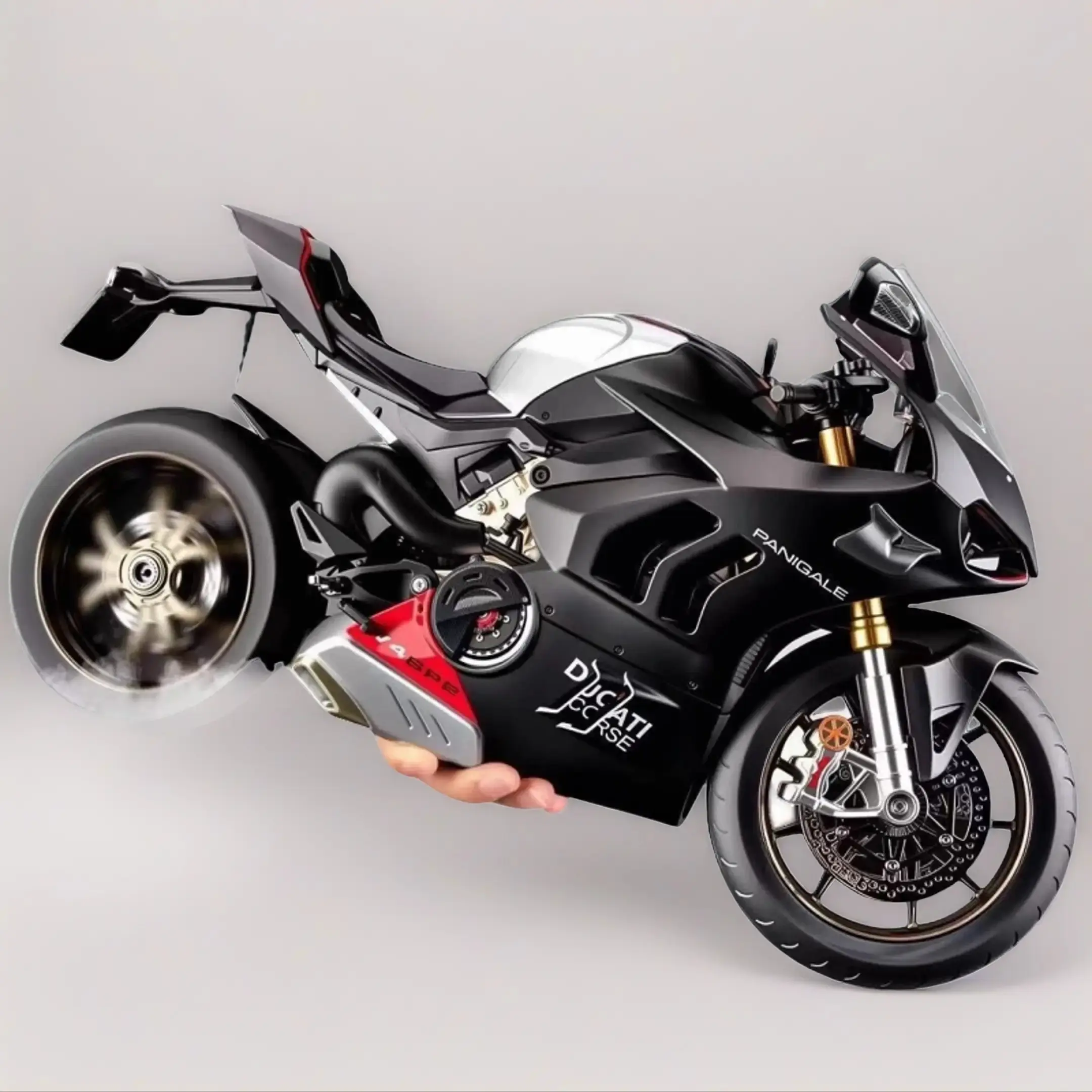 Ducati V4R 1:6 Scale Alloy Motorcycle Model Detailed Diecast Replica with Engine Sound Exhaust Spray Stand Collectible Toy for Home Office Decoration Gift for Motorcycle Fans