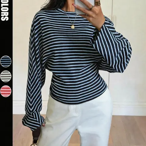 Women's Long Sleeve Knit Top, Casual Fashion Knit, Colorblock Striped Round Neck, Loose Fit Bell Sleeve, Casual Office Wear, Perfect for Holidays and Weddings