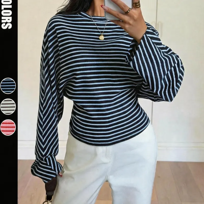 Women's Long Sleeve Knit Top, Casual Fashion Knit, Colorblock Striped Round Neck, Loose Fit Bell Sleeve, Casual Office Wear, Perfect for Holidays and Weddings
