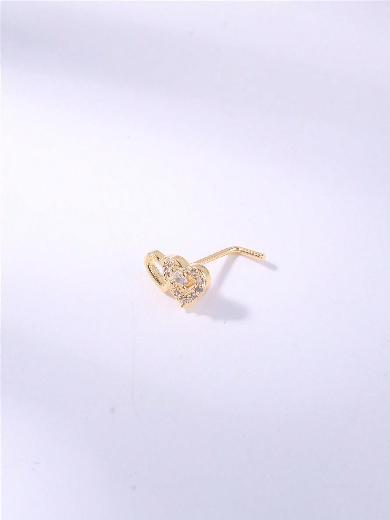 Heart Shaped L Shape Nose Stud, Rhinestone Decor Nose Ring, Fashionable Body Jewelry for Women & Girls, Trendy All-match & Exquisite Jewelry for Birthday Gift