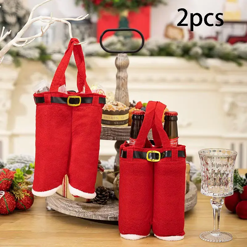 Santa Claus Pants Plush Handbag, Dual Wine Bottle Packaging Bag, Christmas Candy Gift Basket, Party Table Decor, 2 Pcs Set