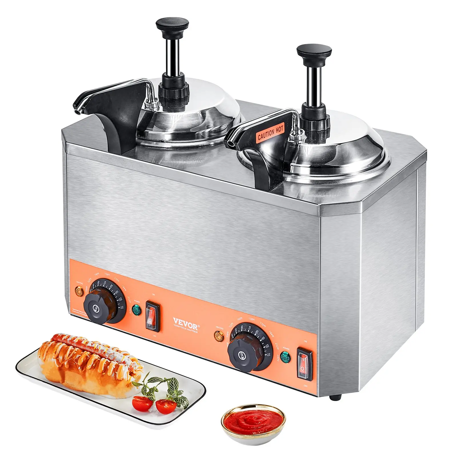 【toolupgrade】VEVOR Commercial Electric Cheese Dispenser with Double Pumps, 2.3qt Food Cap. Stainless Steel Heated Unit, 86-230 Temp Control, Auto Reheat Melter for Snack Bars & Fast-Food Shops, Fudge/Caramel Compatible, Comprehensive Cleaning Design