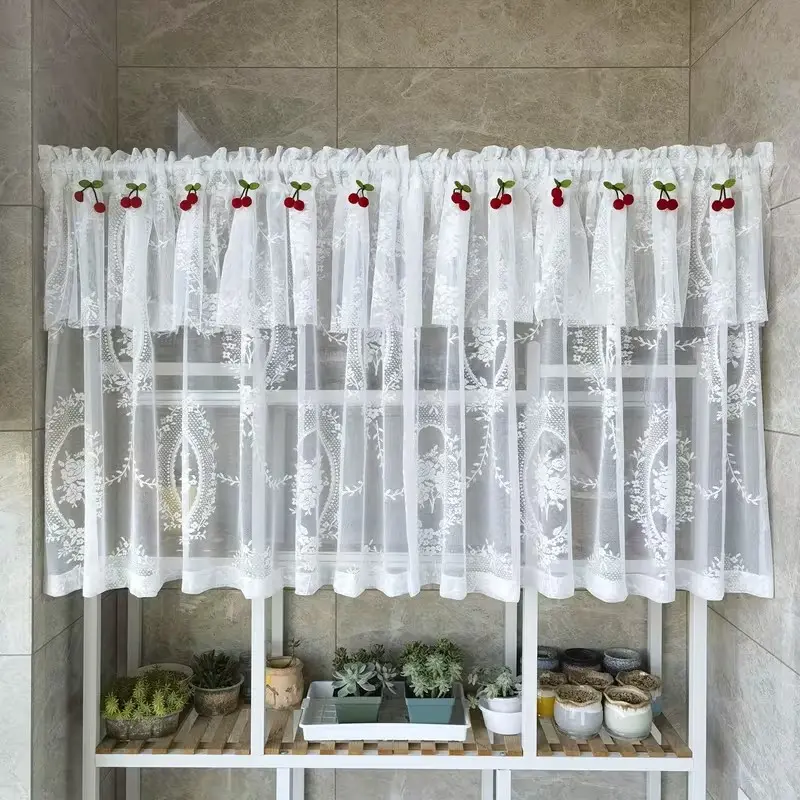 1pc Vintage Lace Embroidered Short Drapes, Cherry Blossom Pattern, 100% Polyester Sheer, Rod Pocket, Semi-Transparent Kitchen Window Decor, Farmhouse Style
