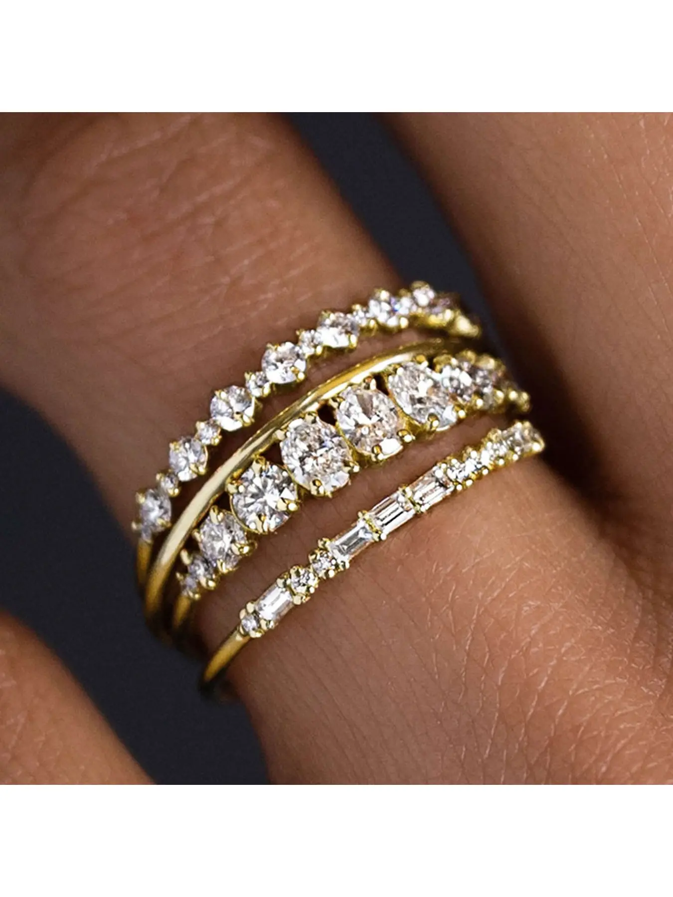 Luxury Stackable Diamond-encrusted Ring Set, Mix & Match Thin Band Rings with Round & Baguette Diamonds, Elegant Women's Jewelry, Versatile Aesthetic Accessory for Dates & Daily Commute, Fashion Stackable Rings