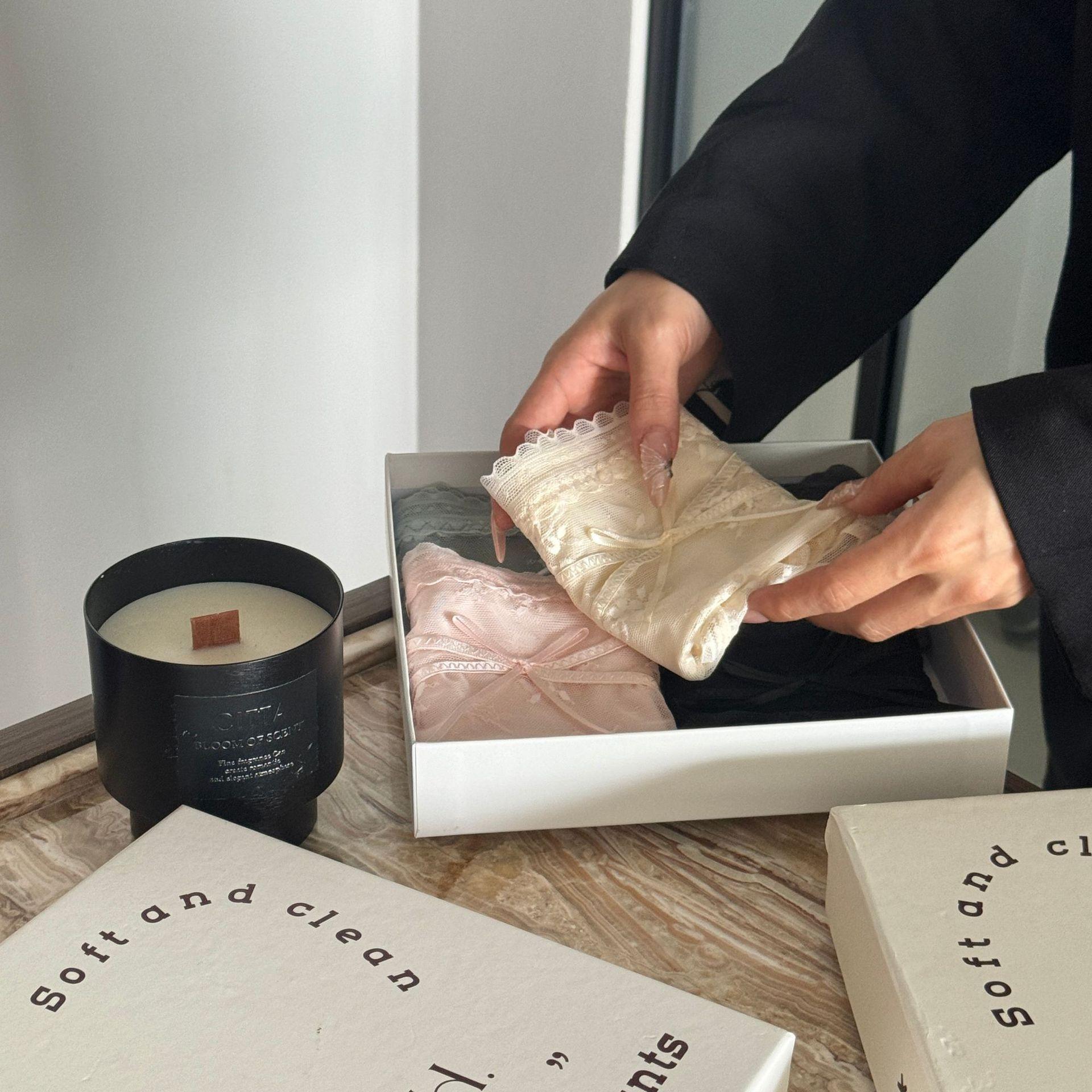 French Style Pure Desire Transparent Girl Mid-Waist Bow Lace Silk Cotton Crotch Panties Women Thin Summer