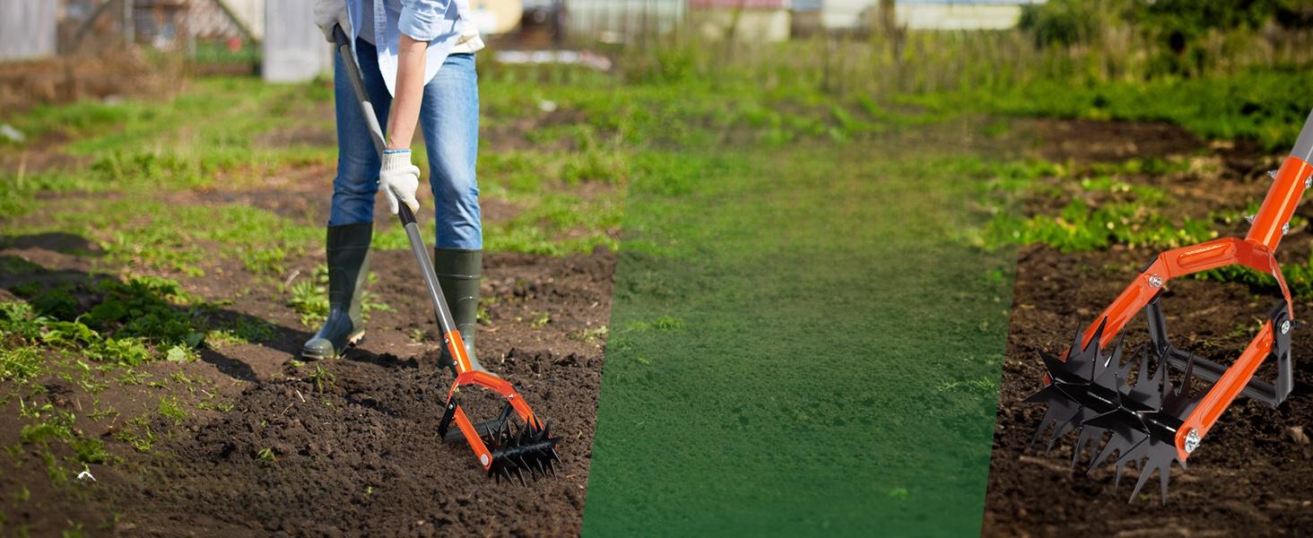 Rotary Cultivator Garden Tool, Adjustable Long Handle Hand Tiller with Star-Shaped Rolling Tines, 2-in-1 Weeder & Soil Aerator for Lawn Care, Reseeding Grass, Soil Mixing, Manual Yard Tiller