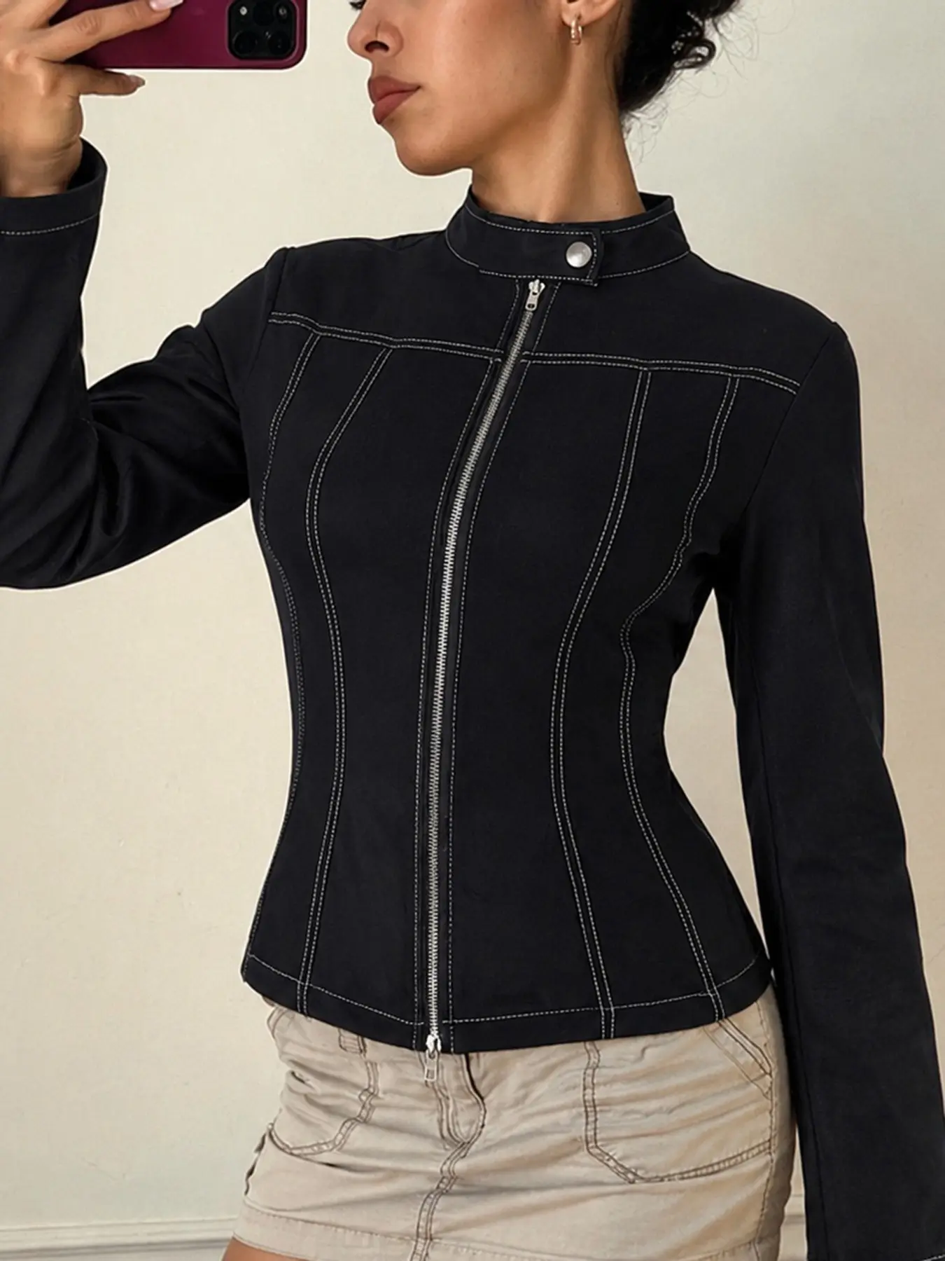 Women's Imitation Denim Colorblock Waist Cinch Jacket, Casual Trendy Retro Streetwear Motorcycle Jackets Outerwear, Fashion Y2K Cool Light Line Decoration Versatile Coats