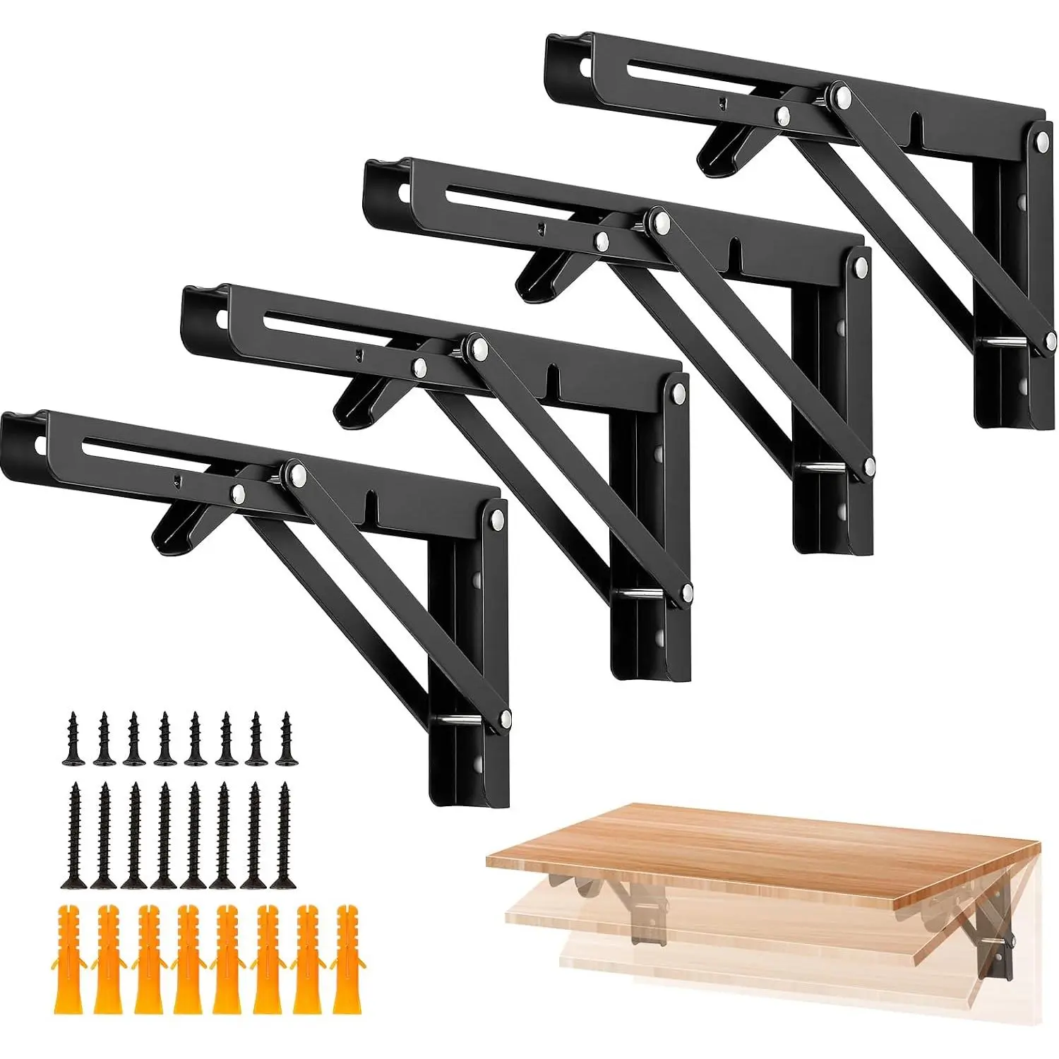 BoDoux Matte Black Folding Shelf Brackets, 10 Inch, 4 Pack| Collapsible Bracket, Table And Bench Support, Space-Saving Shelf Setup, For Worktops, Laundry Rooms, Garage Projects