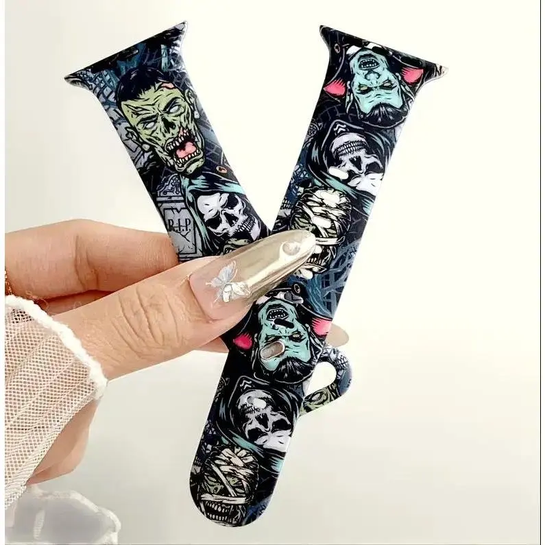 Cool Halloween Zombie Skull Print Silicone Watch Band, Horror Spooky Edgy Strap, Holiday Daily Wrist Accessory