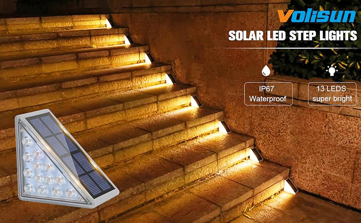 6 Pack VOLISUN Solar Stair Lights IP67 Waterproof LED Step Lights Outdoor Warm Cold Glow for Garden Deck Patio
